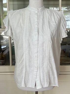 Athe Vanessa Bruno White Cotton Flutter Sleeve Top. 38/Medium, Embroidered